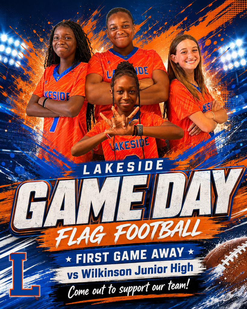 Four teens in orange jerseys pose on a blue background. "Lakeside Game Day Flag Football" is above.