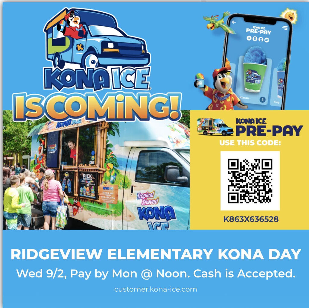 Advertisement for Kona Ice with colorful truck, people waiting in line, QR code, and details for Ridgeview Elementary Kona Day.