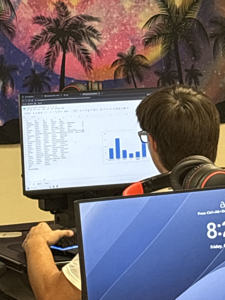 A person in a white shirt sits at a desk with two screens, one displaying data. The wall behind has a tropical night sky backdrop.
