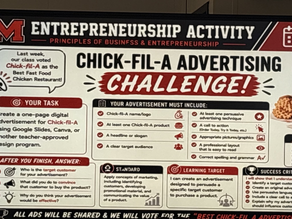 A sign reads "Entrepreneurship Activity Chick-Fil-A Advertising Challenge!" It lists steps and requirements for creating a one-page digital advertisement.