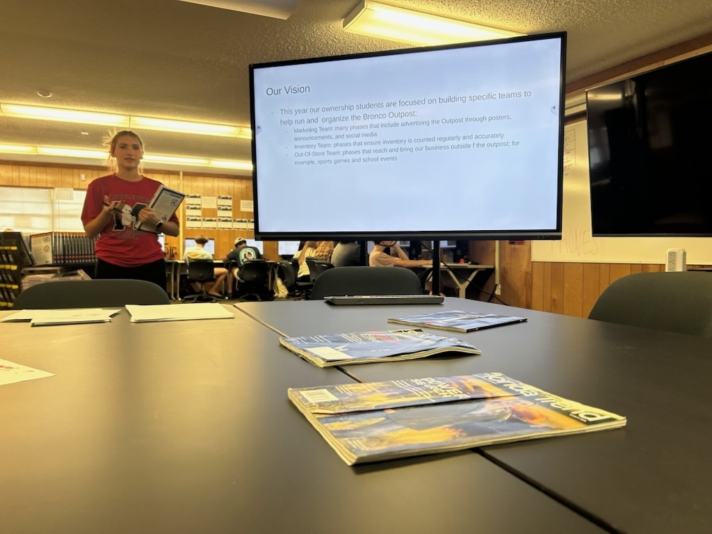 A person stands in front of a projector screen in a room. A table has books on it.