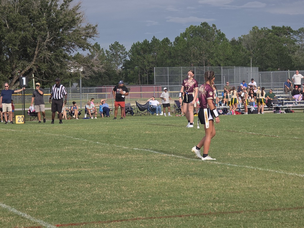 A group of players in jerseys playing a game on a field. A player is bending down. Spectators are watching from bleachers.