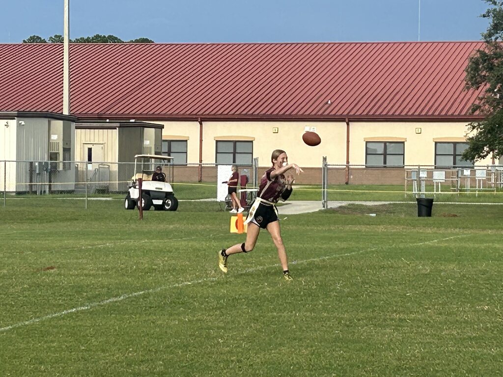 People play sports on a field with a red-roofed building in the background. Some hold yellow flags.