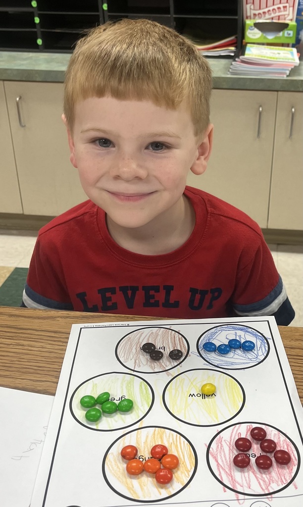 A boy in a red shirt sits at a table with a colorful candy sorting activity.