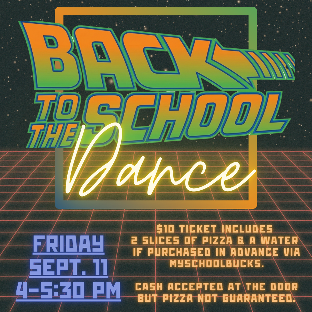 An event poster with retro graphics. It reads "Back to the School Dance" in bold. It includes event details.