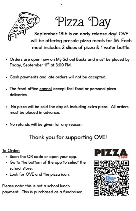 An announcement for Pizza Day. It will be held on September 18th. The cost is $6 per meal. A QR code is provided for ordering.
