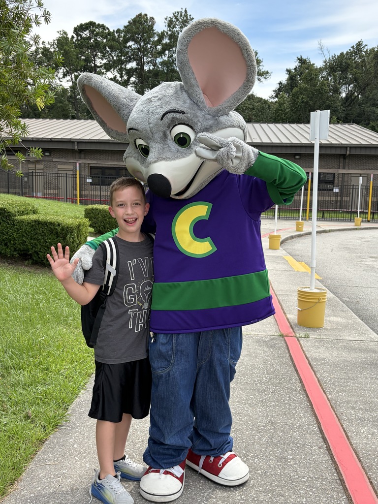 A young boy in a gray t-shirt stands next to a mascot in a C logo shirt.