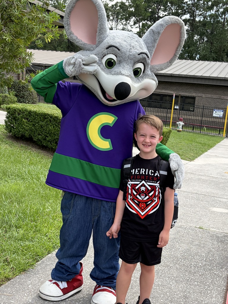 A mascot character dressed as a mouse and a child standing together on a sidewalk.