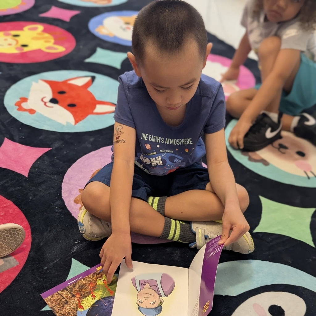 A young child sits cross-legged on a colorful rug, reading a book. They are wearing a blue t-shirt and shorts.