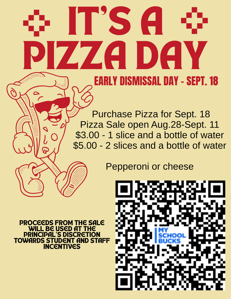 A poster with a pizza slice cartoon character. Text reads "It's a Pizza Day". Sale details and QR code are below.