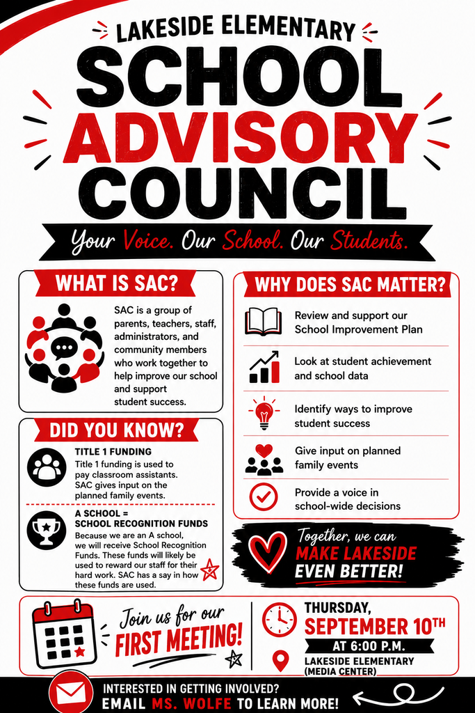 A Lakeside Elementary flyer displays a schedule for the School Advisory Council. It includes information about the council's role and its importance.