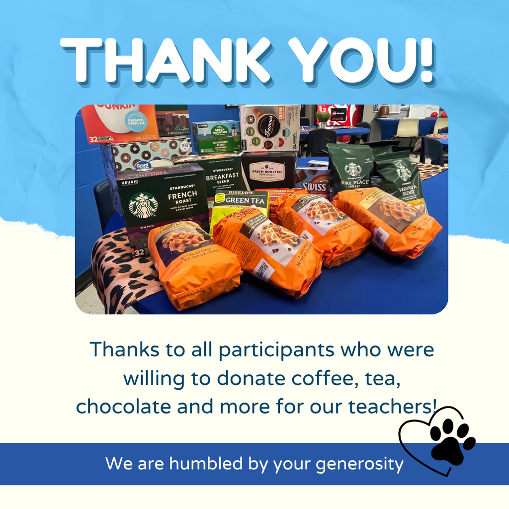 An image of various packaged items on a table with a blue background. A message thanks participants for donating coffee, tea, chocolate, and more.