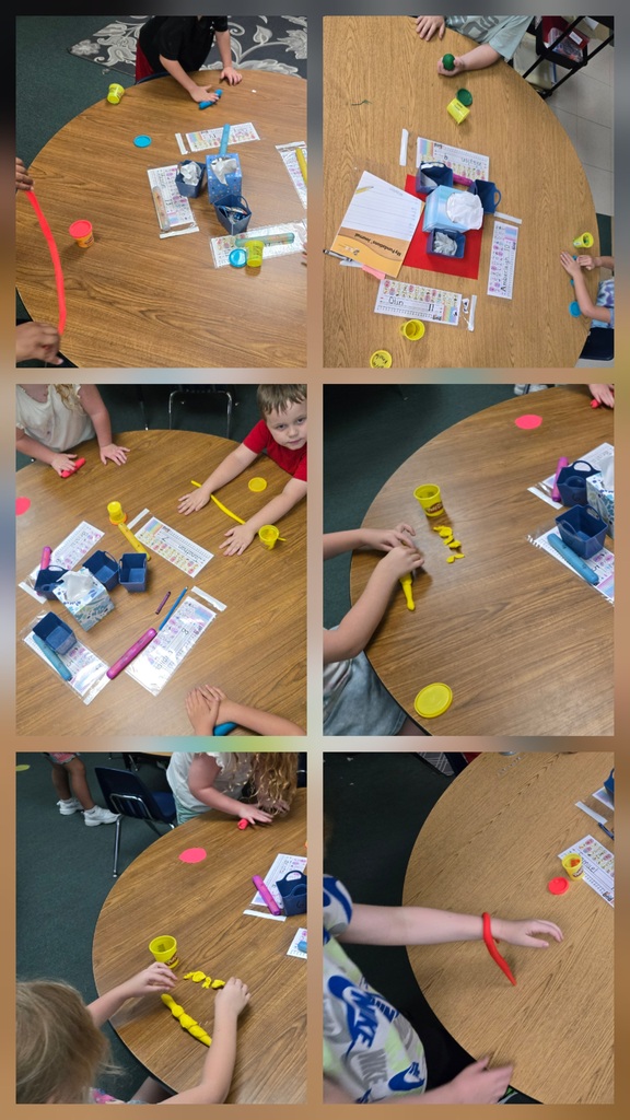Multiple photos of children sitting around a wooden table, engaging with various colored materials and objects.