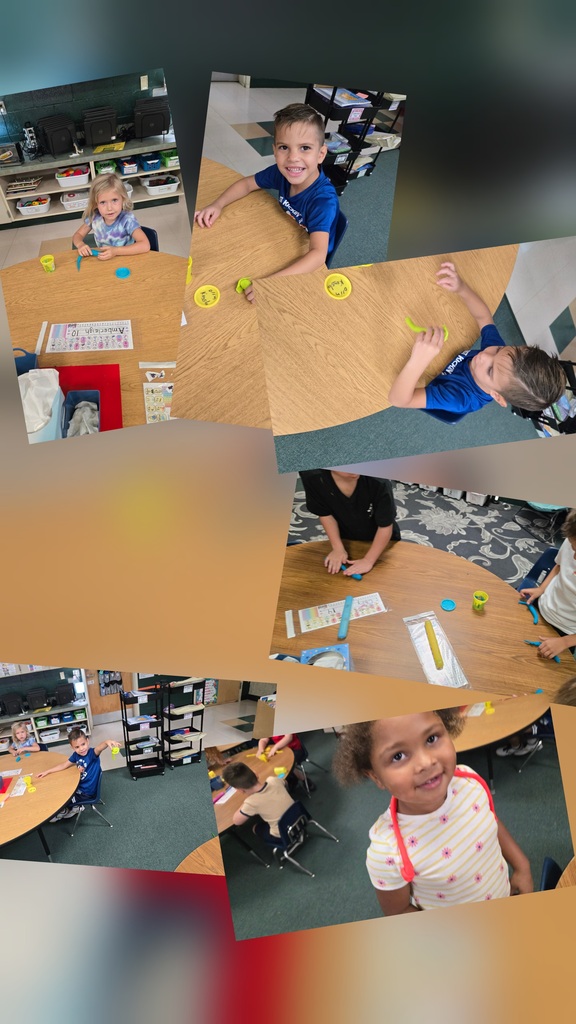 Collage of kids sitting at tables. One child is seated at a table holding a pencil. The others are seated in chairs with arms.