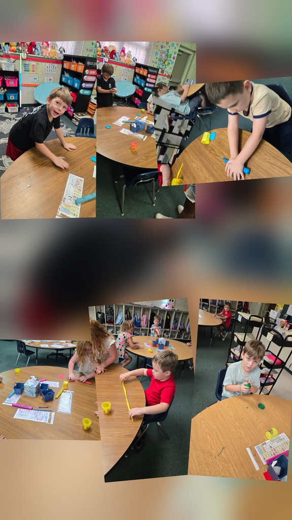Multiple views of students in a classroom, working with colorful objects on tables. Tables and chairs are visible in the background.