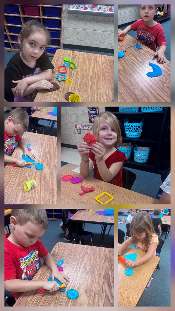 A collage shows young children at tables playing with colorful plastic shapes and objects. They are seated and focused on their tasks.