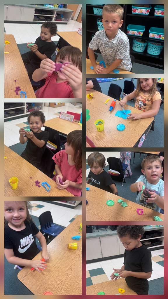 A collage of children seated at tables with play items. One child holds a yellow object.