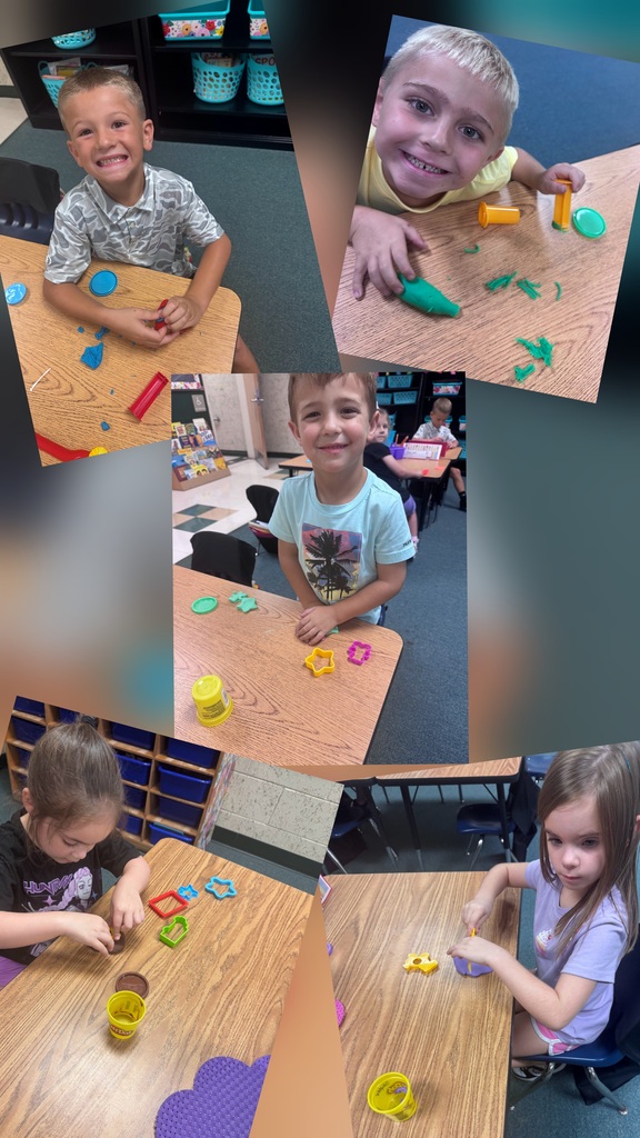 Collage of children at tables, each engaging with various toys. Two boys and two girls, all smiling.