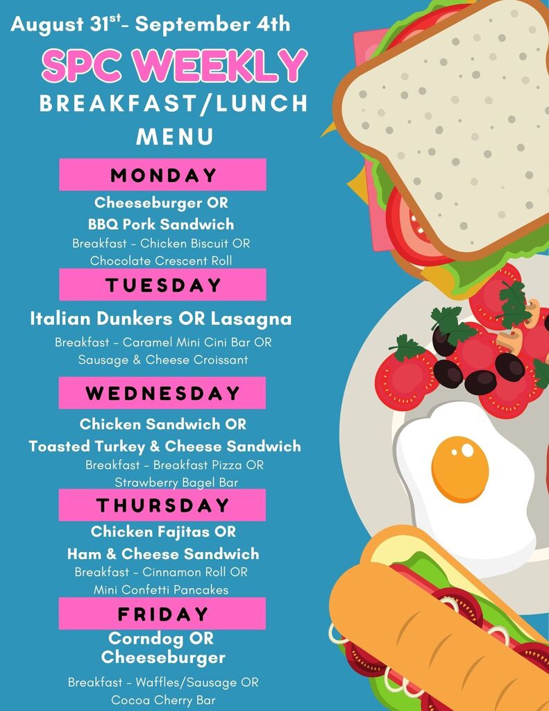 Bright blue menu featuring breakfast and lunch options from August 31st to September 4th. Visuals of sandwiches, a hot dog, and a fried egg.