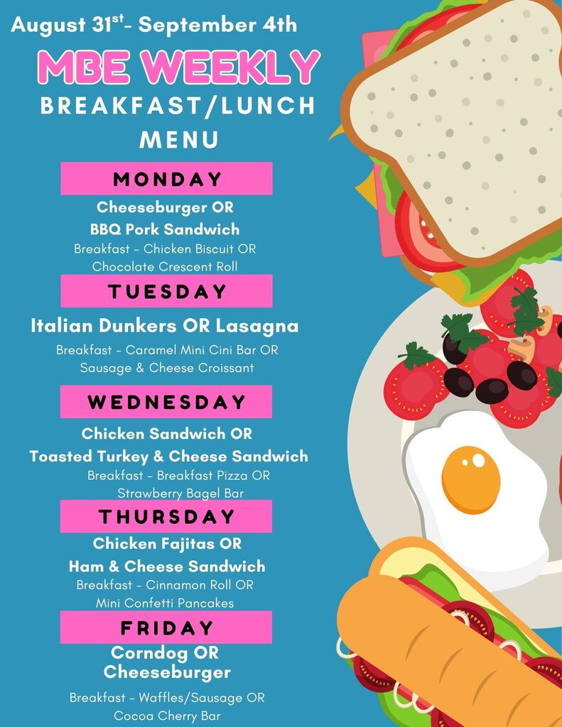 A weekly menu for breakfast and lunch, featuring sandwiches, eggs, and various toppings. Date range: August 31st to September 4th.