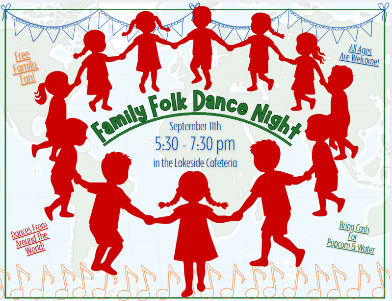 Children holding hands in a circle with music notes below, text reads Family Folk Dance Night.