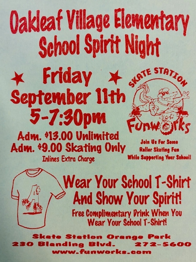 Event poster with red text: "Oakleaf Village Elementary School Spirit Night, Friday September 11th, 5-7:30pm". It also says "Wear Your School T-Shirt and Show Your Spirit!".