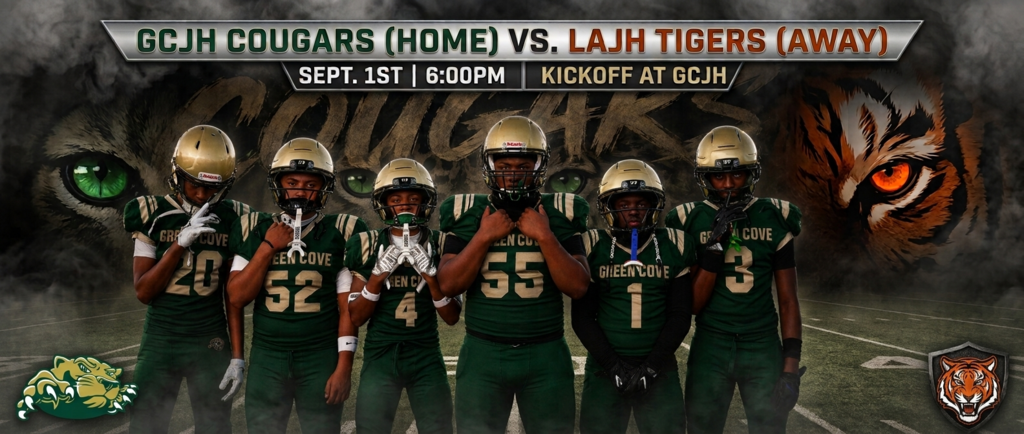 Six football players in green uniforms and gold helmets. Date and time of match. Tiger mascot in background.