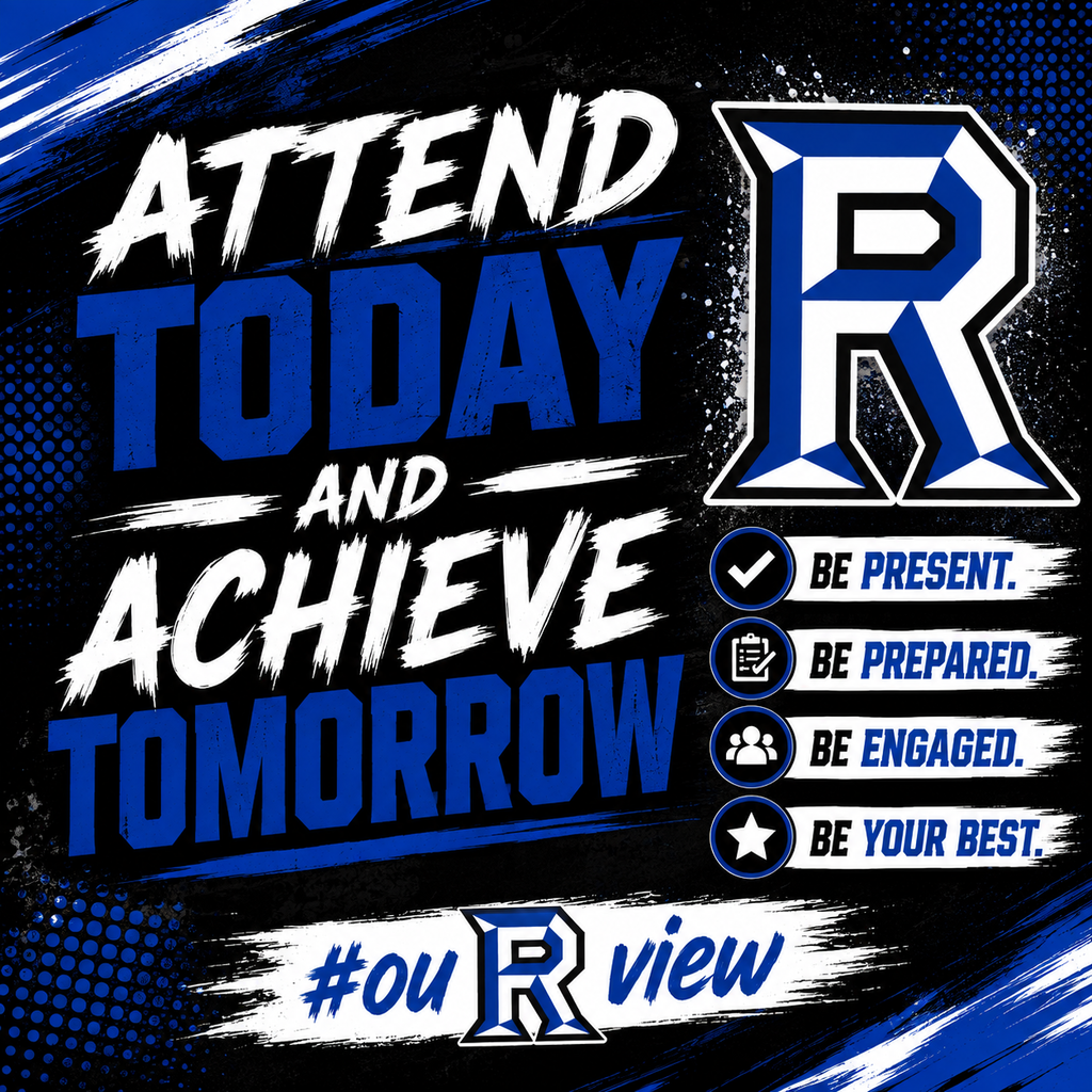 Poster with blue and black design. Text reads: "Attend Today and Achieve Tomorrow." Logos and icons appear under text.