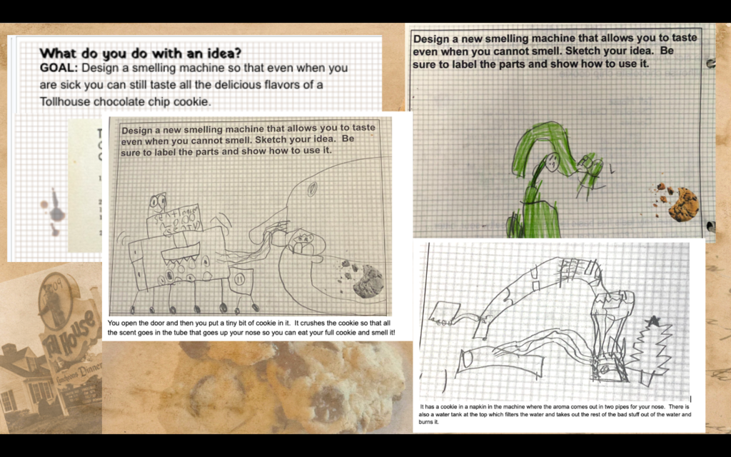 Four drawings of machines, including a chocolate chip cookie maker, are displayed on a light background. Each drawing is accompanied by a text description.