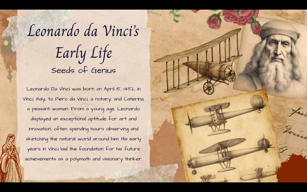 Collage of Leonardo da Vinci's portrait, historical airplane images, and text about his early life.