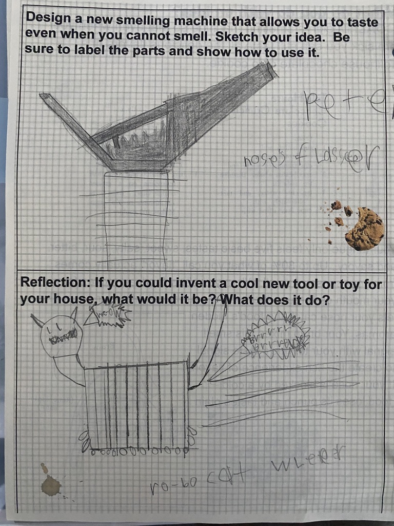 A diagram shows a sketched machine on graph paper, including a reflection question about inventing a new tool.