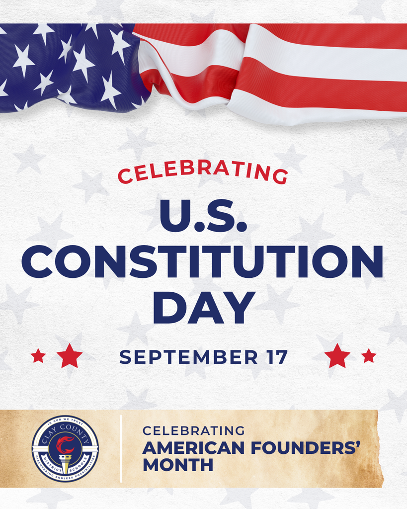 Poster highlights U.S. Constitution Day on September 17. Features waving American flag and stars. Logo and text "Celebrating American Founders' Month" on brown background.