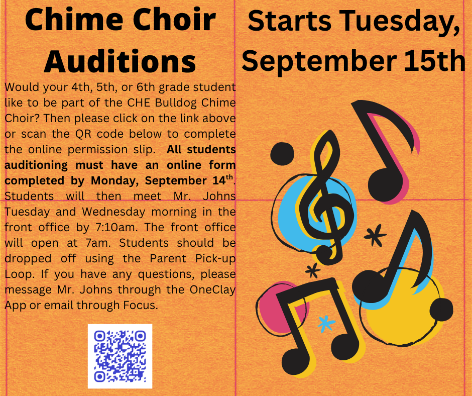 An orange flyer titled "Chime Choir Auditions" starts September 15th. It features music notes, a QR code, and details about the auditions.