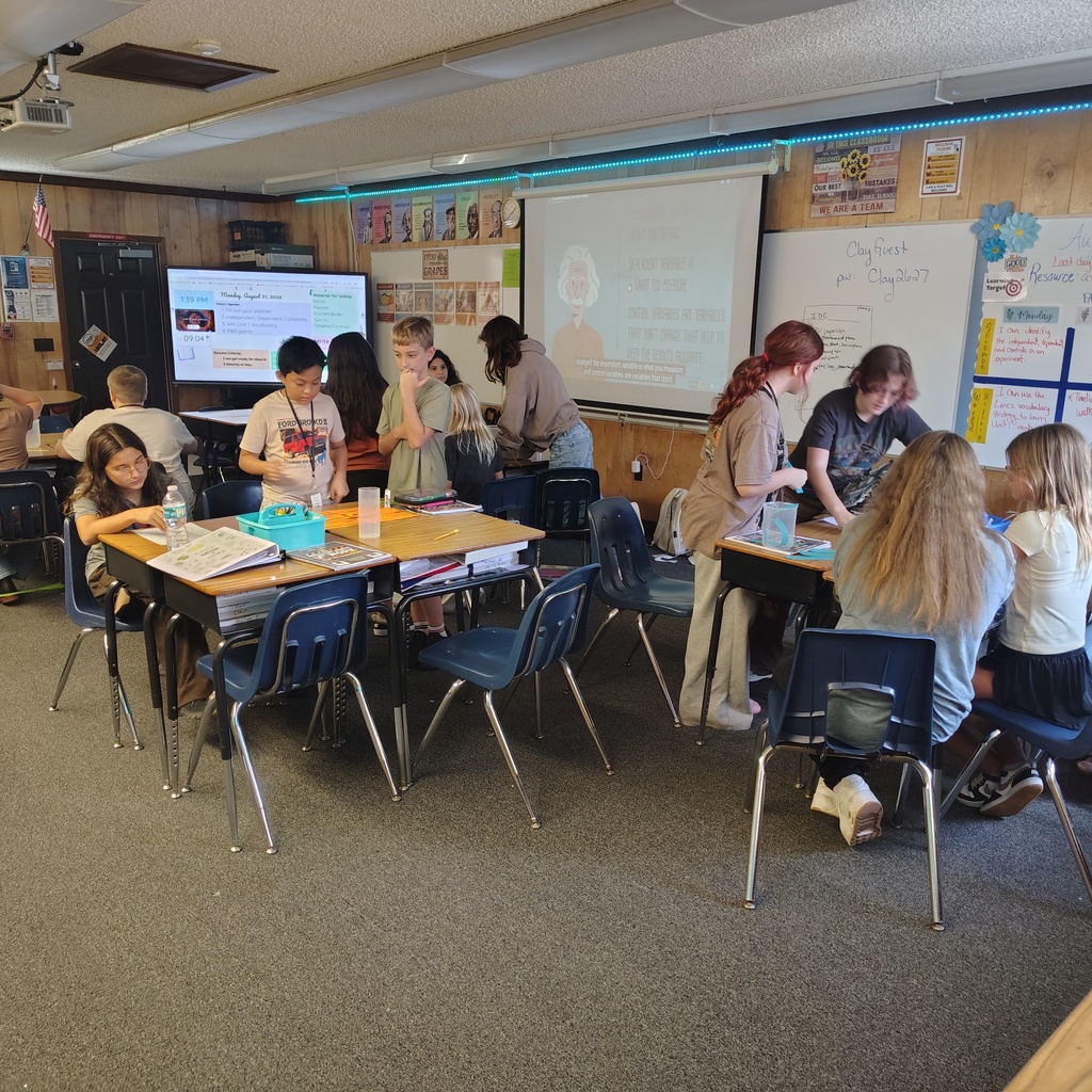 A classroom with children sitting at tables, a projector screen on the wall, and a teacher.