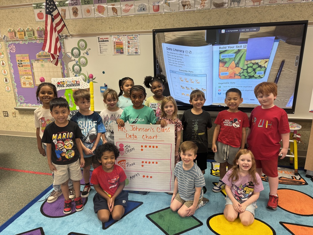 A classroom with children standing and sitting, two holding a chart. A projector screen and classroom decor in the background.