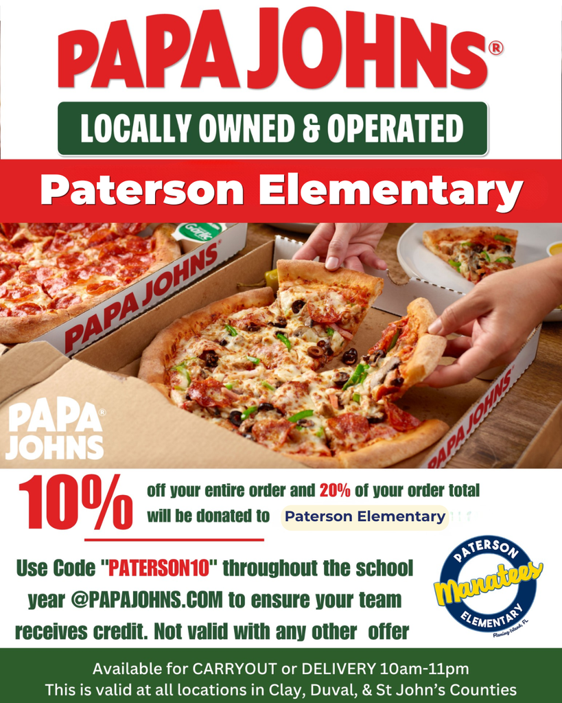 🍕 Pizza night just got a whole lot sweeter, Manatee Families! 🍕  Skip cooking dinner and support Paterson at the same time! Order your favorites from Papa Johns, and they’ll take care of the rest:  10% OFF your entire order 💰  20% DONATED back to Paterson 🏫  Use code PATERSON10 at checkout on papajohns.com. Best of all, this promo code works all school year long!  Tag your pizza-loving friends below and spread the word! 👇