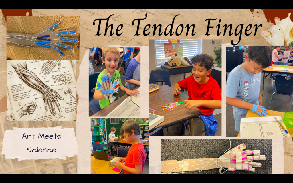 Collage of images showing kids working on a project. A hand-drawn diagram and a prosthetic finger are included.