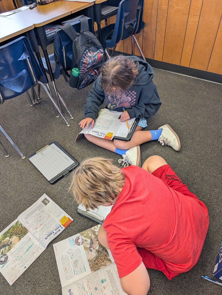 Students sit on the floor, writing in notebooks and reading newspapers. Tables and chairs are in the background.