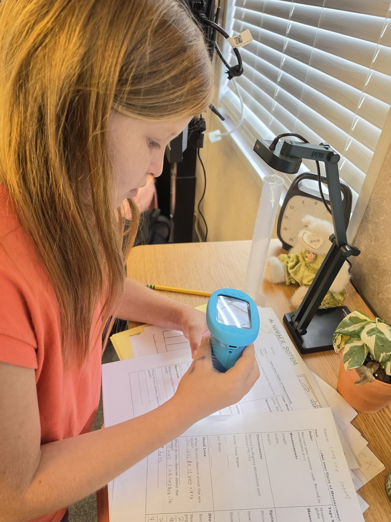 A girl sits at a table, studying a blue handheld device, with papers, a plant, and a lamp in the background.