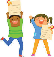 Two children hold certificates and checklists, smiling. One wears green and blue, the other blue and yellow.