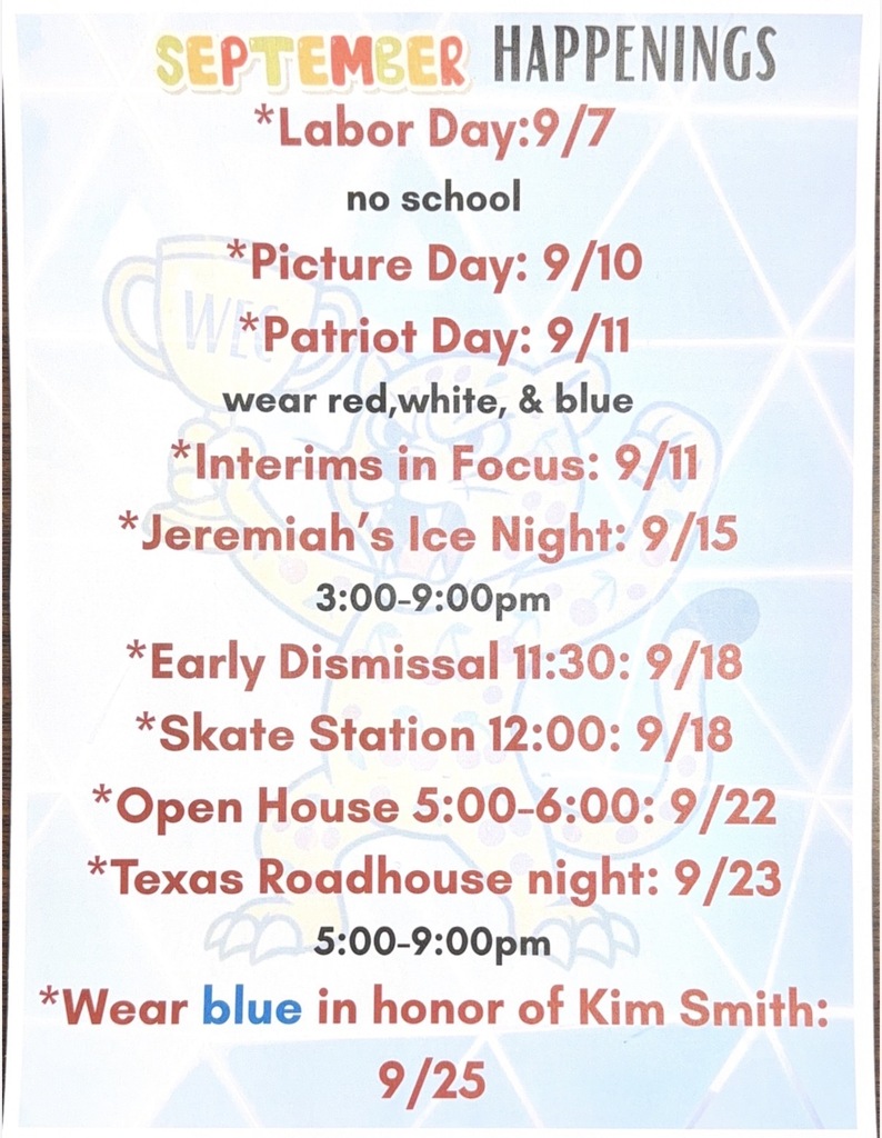 A white and blue background displays various September events, including Labor Day, Picture Day, Patriot Day, and more.