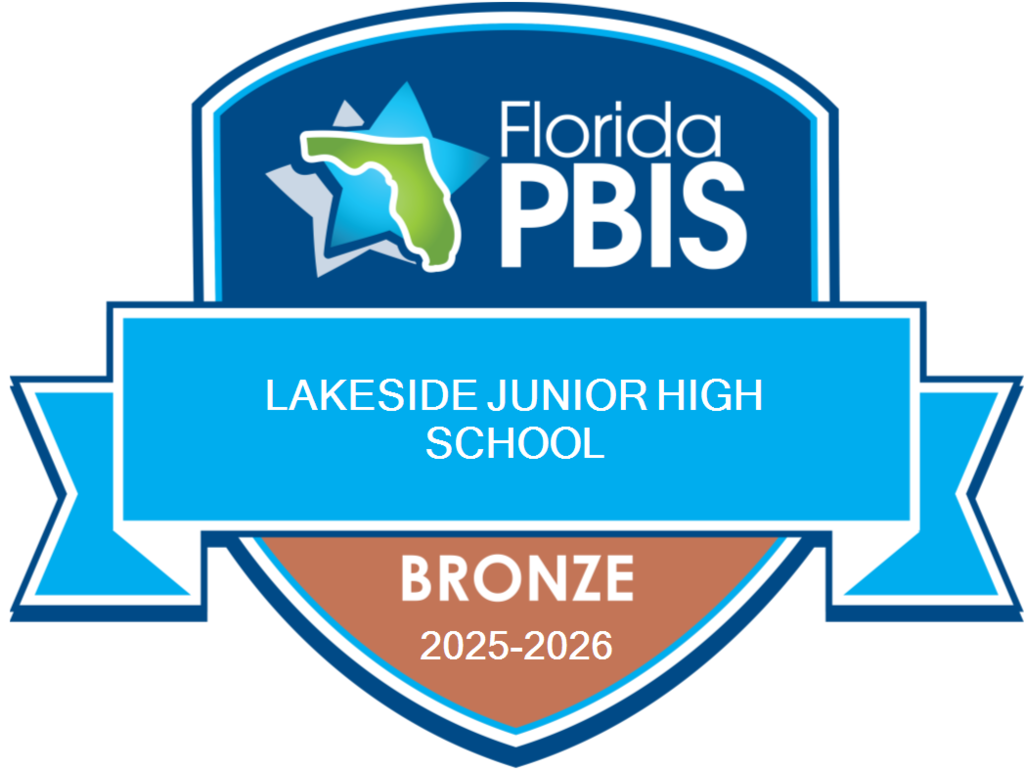 A shield with "Florida PBIS" at top, featuring Lakeside Junior High School, Bronze, and years 2025-2026.