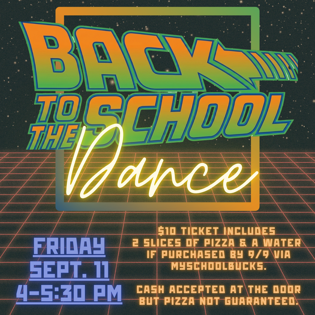 An event flyer displays "Back to the School Dance" with a retro, pixelated background. Ticket price and event details are included.