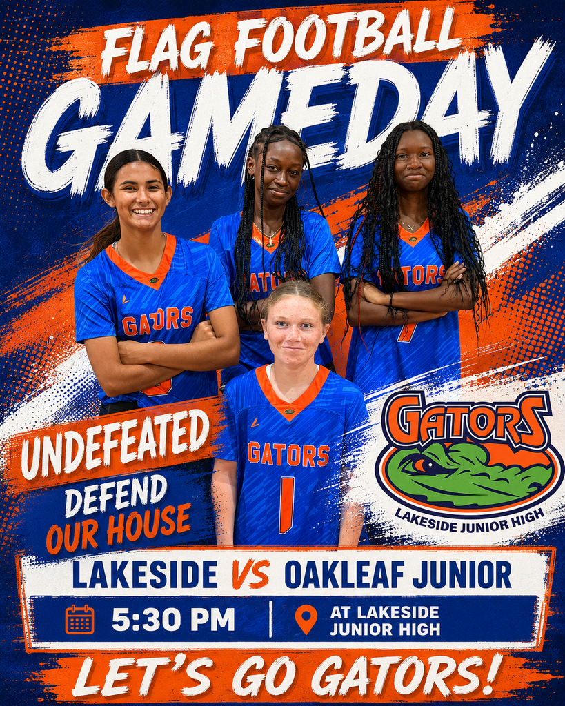 Four women in blue jerseys with "Gators" on them stand together. The poster reads "Flag Football Gameday" and "Undefeated: Defend Our House."