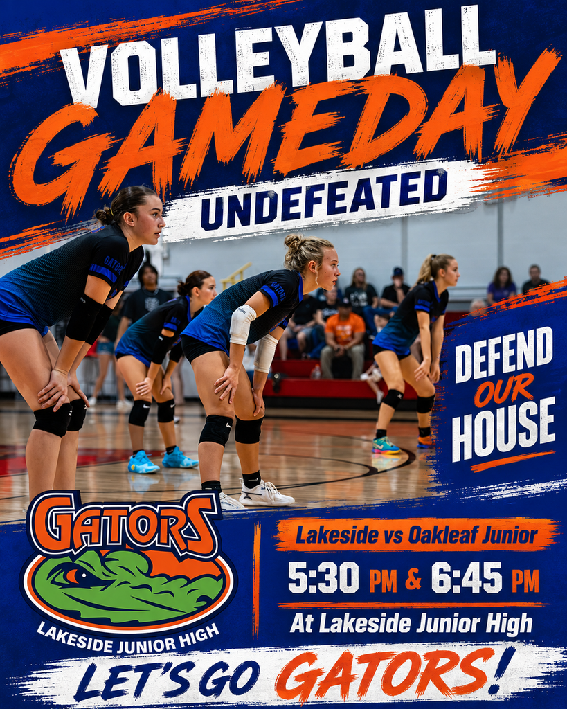 An ad for a volleyball game. Players in blue jerseys. "Volleyball Gameday Undefeated" is written. "Defend Our House" and "Let's Go Gators!" are below.