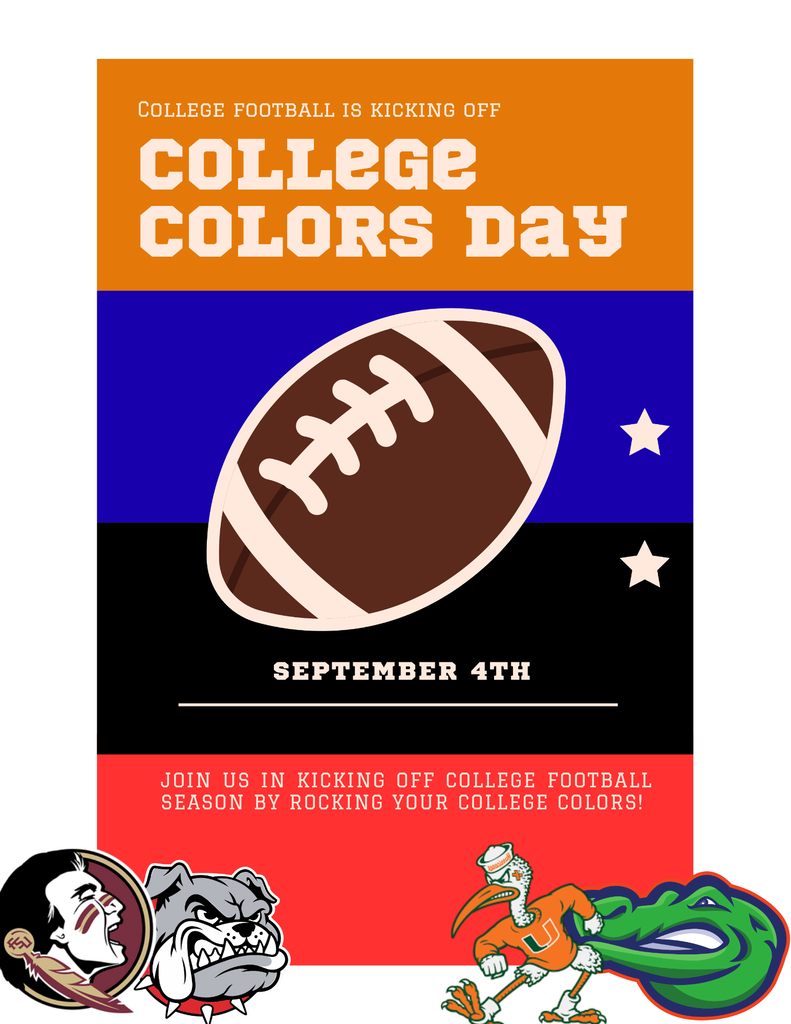 A poster announces "College Colors Day" on September 4th. It features a football and logos for Florida State, Florida, and UCF.