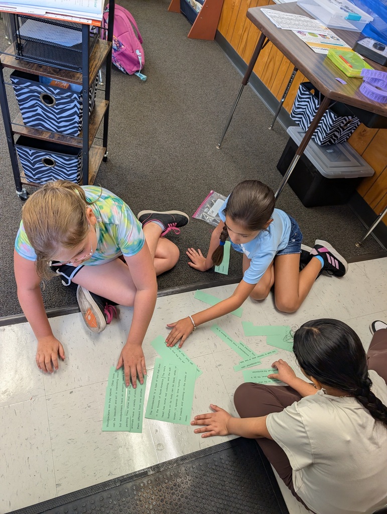 Three students seated on floor, working with green paper cards on white floor. Background includes tables, shelves, and storage boxes.