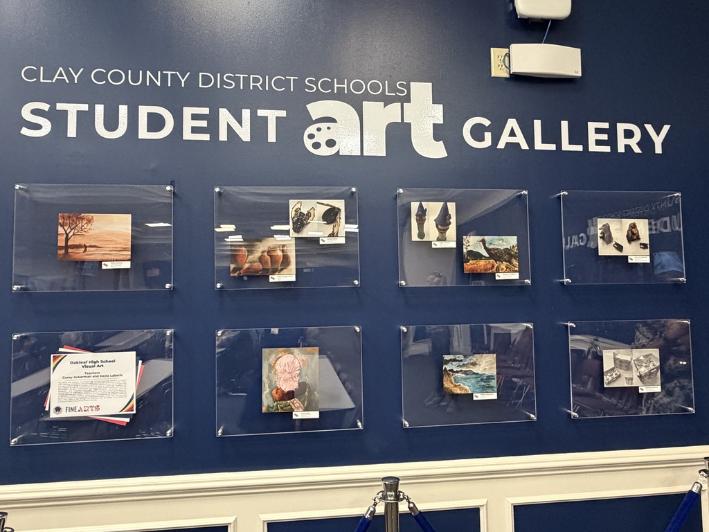 Blue wall displaying artwork by Clay County District Schools. Multiple glass cases with various pictures, some with a person.