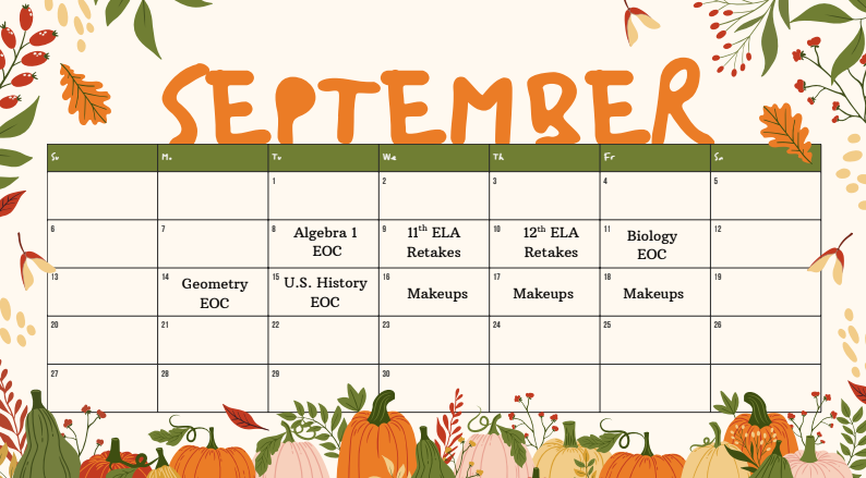 A calendar displays the month of September with pumpkins, leaves, and flowers as decorations.