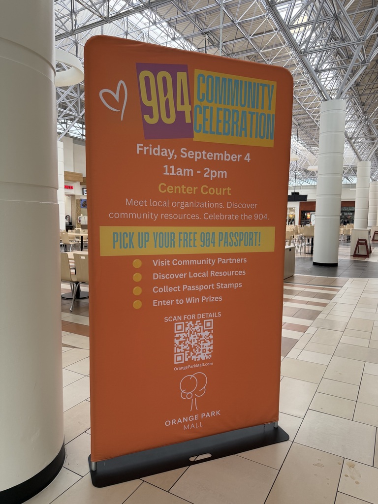 Orange banner with white text promoting a community celebration on September 4 at the Center Court. It has a QR code and icons.